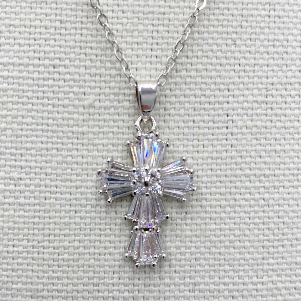 Cross Pendant Necklace Sparkling Baguette Crystal Gemstones Silver Tone Chain